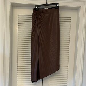 ALC Tracy dark brown vegan leather pleated asymmetrical hem midi skirt, size 0
